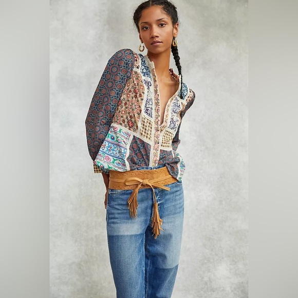 ✨ Anthropologie Printed Patchwork Blouse Sz 8 - Picture 2 of 7